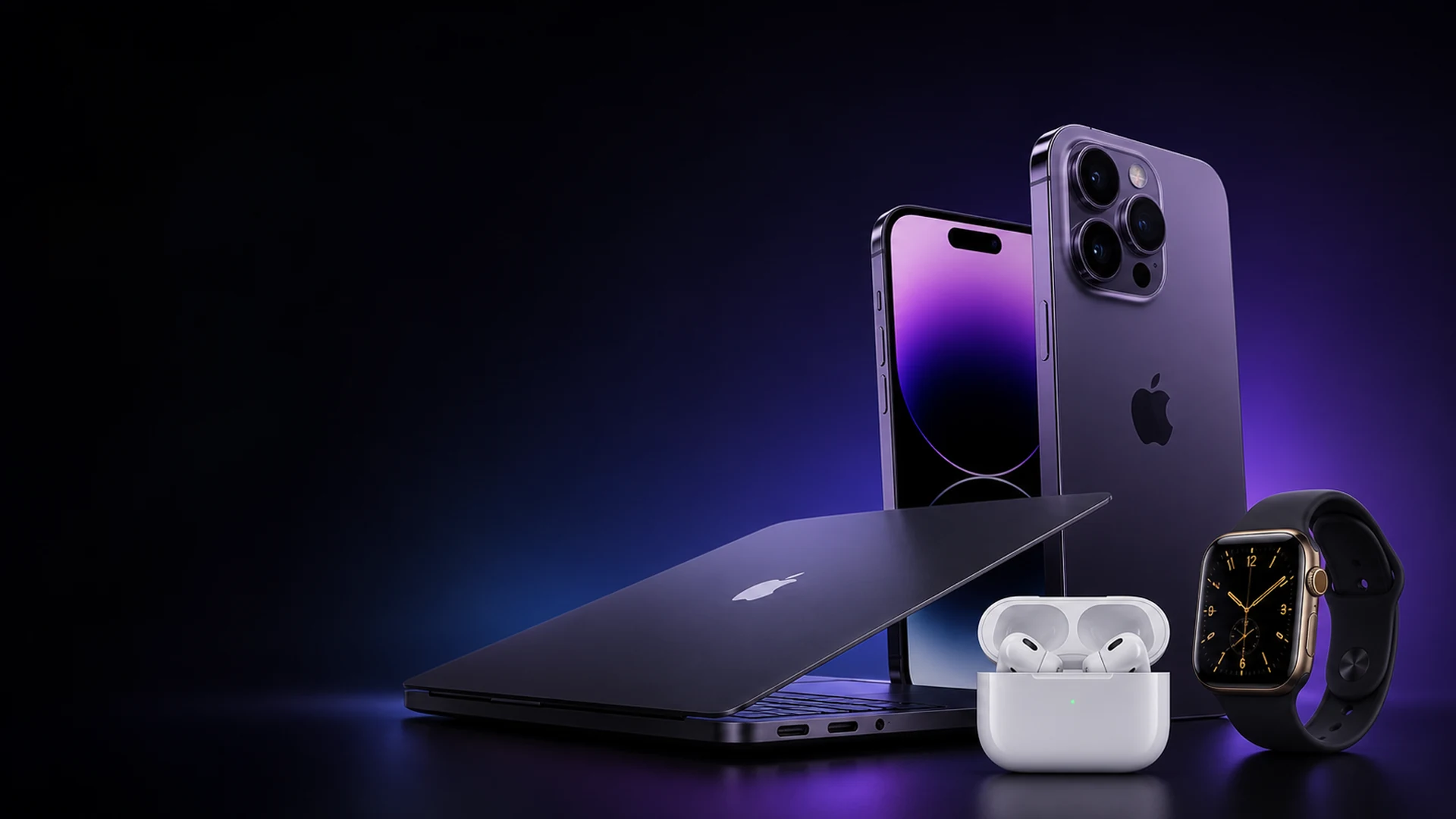 iPhone, MacBook, AirPods и Apple Watch на темном фоне