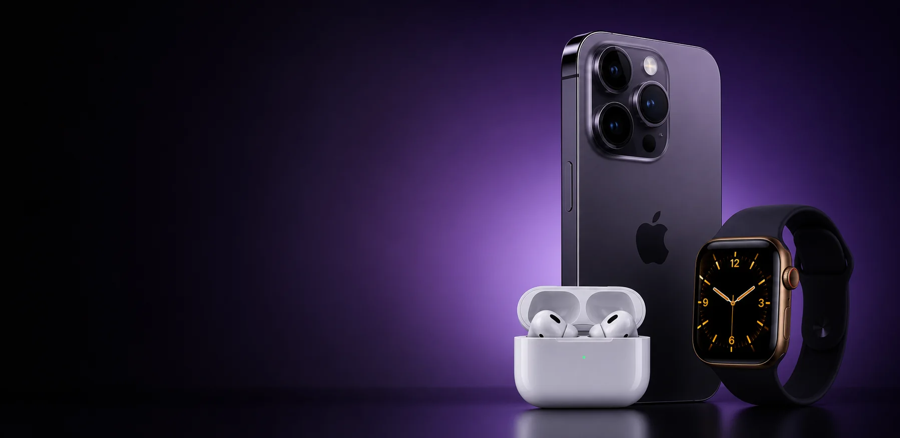 iPhone, AirPods и Apple Watch на фиолетовом фоне